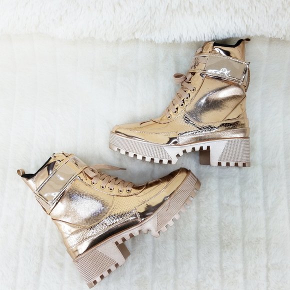 SIZE 11 Lynn Rose Gold Champagne Lug Sole Combat Boots - Picture 11 of 12
